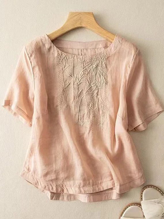 Art Retro Embroidery Short Sleeve Patchwork Shirt - Image 2