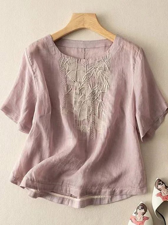 Art Retro Embroidery Short Sleeve Patchwork Shirt - Image 3