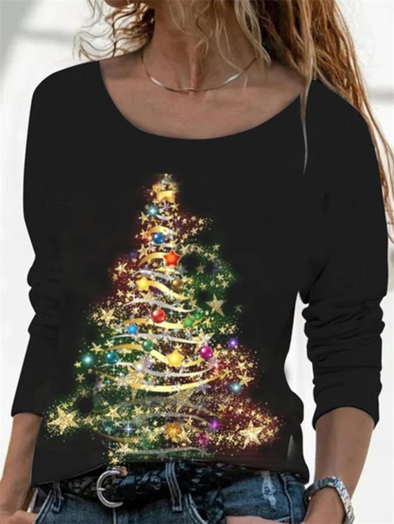 Black Casual Graphic Tops Round Neck Christmas Tree Printed Long Sleeve Xmas Sweatshirts