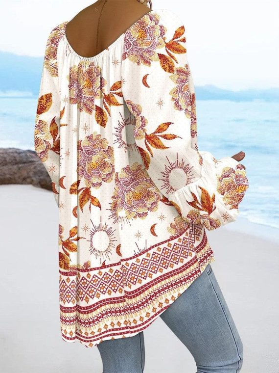 Chic Floral Print V-Neck Long Sleeve Top - Image 2