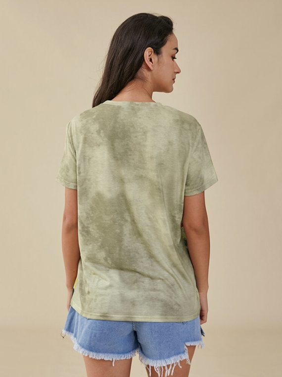 Butterfly Print Crew Neck Short Sleeve Green T-shirt - Image 2