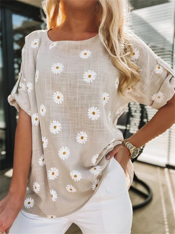 Daisy Print Round Neck Long Sleeve Khaki Blouse