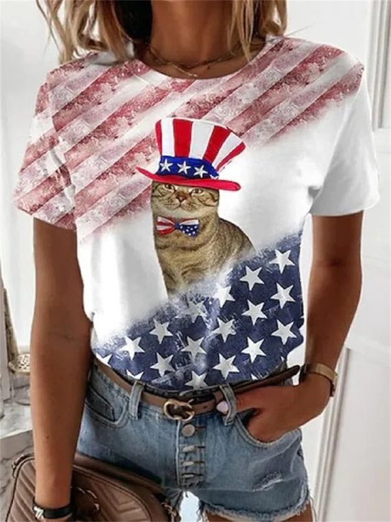 American Flag and Cat Print Round Neck Short Sleeve T-shirt