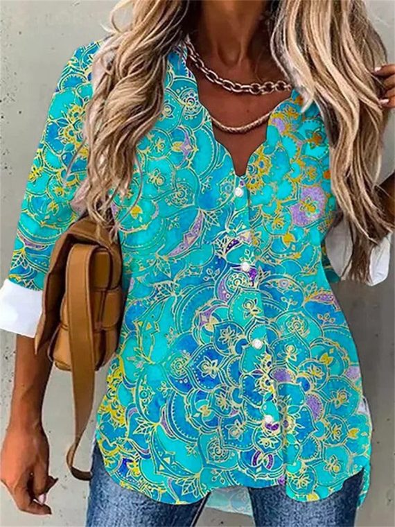 Ethnic Print V-neck Long Sleeve Blouse