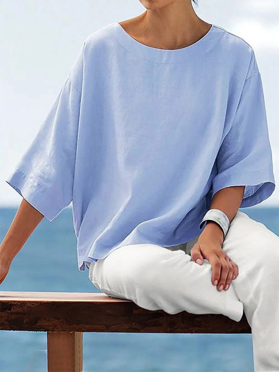 3/4 Sleeve Solid Casual Crew Neck T-Shirt