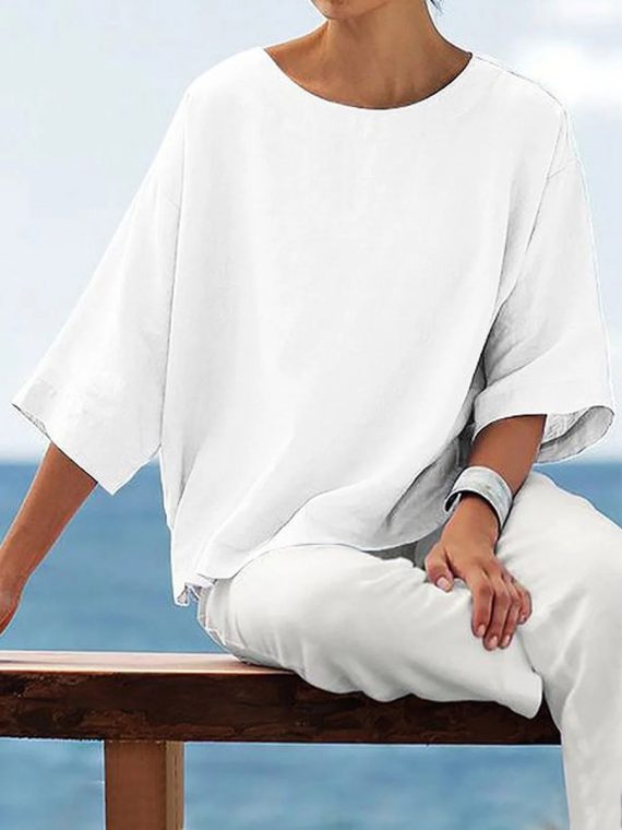 3/4 Sleeve Solid Casual Crew Neck T-Shirt - Image 3