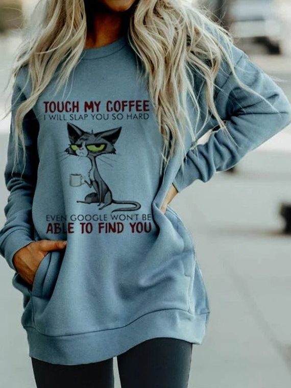 Blue Casual Graphic Tops Round Neck Long Sleeve Cat Character Printed with Pockets Sweatshirts