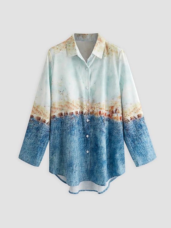Abstract Print Lapel Long Sleeve Blouse - Image 2