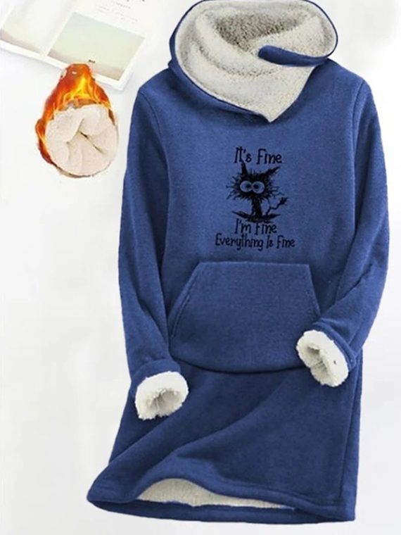 Blue Casual Graphic Tops Round Neck Long Sleeve Cat Character Printed with Pockets Fleece Sweatshirts