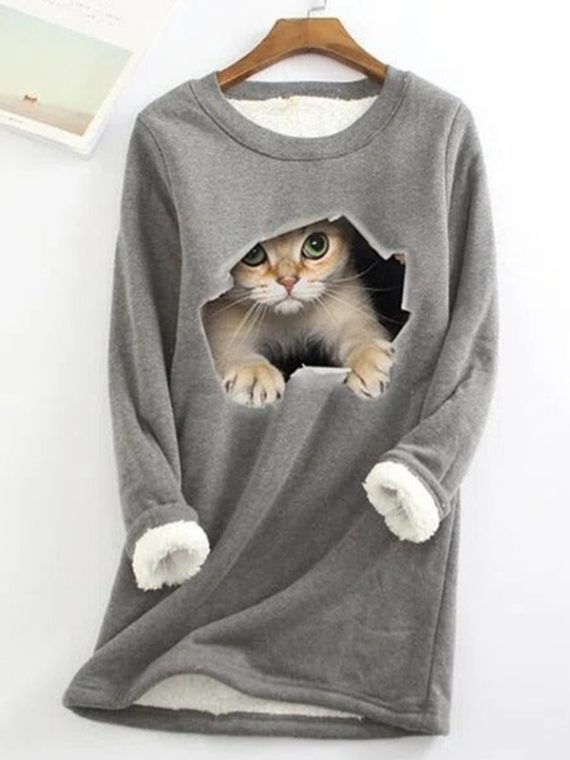 Casual Graphic Tops Round Neck Long Sleeve Cat Printed Fleece Sweatshirts