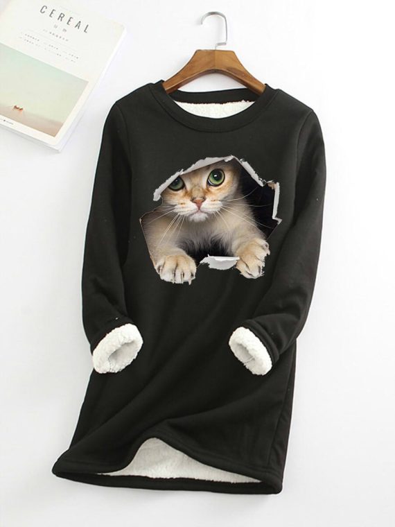 Casual Graphic Tops Round Neck Long Sleeve Cat Printed Fleece Sweatshirts - Image 2