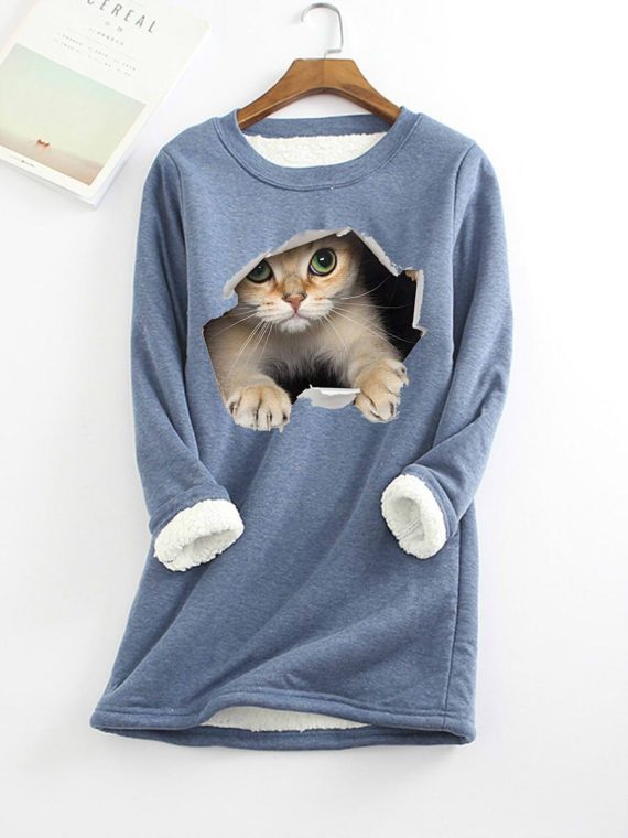 Casual Graphic Tops Round Neck Long Sleeve Cat Printed Fleece Sweatshirts - Image 3