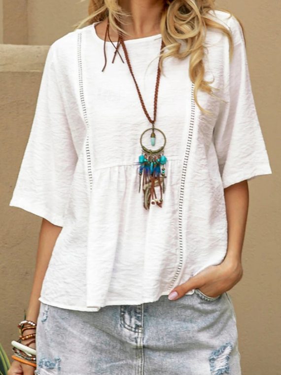 Casual Solid Color Crew Neck 3/4 Sleeve White Tops