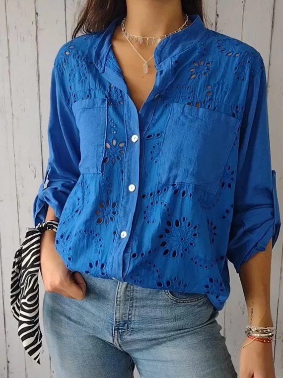 Cotton and Linen Hollow Solid Color Lapel Half Sleeve Shirt