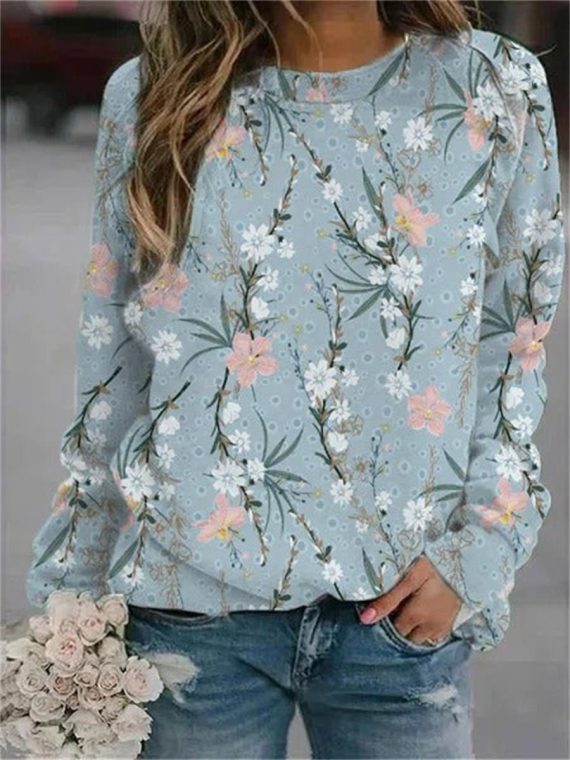 Blue  Casual Graphic Tops Round Neck Floral Printed Long Sleeve Sweatshirts