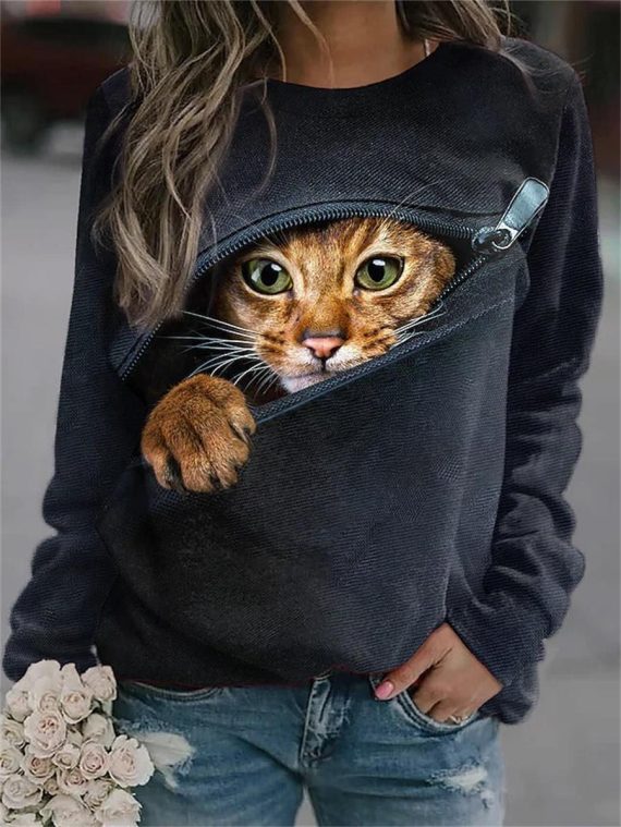 Blue Casual Graphic Tops Round Neck Cat Printed Long Sleeve Sweatshirts