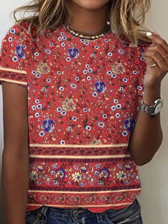Elegant Round Neck Floral Print Short Sleeve Top