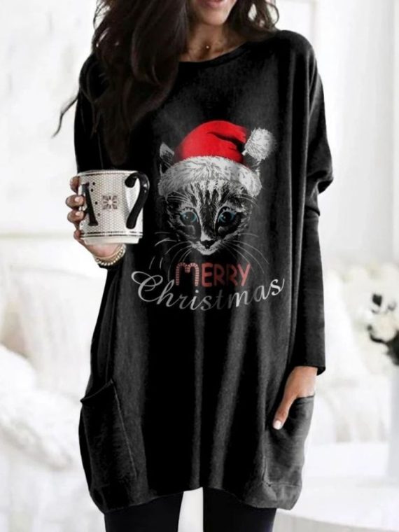 Black Casual Graphic Tops Round Neck Cat Printed Long Sleeve Xmas Sweatshirts