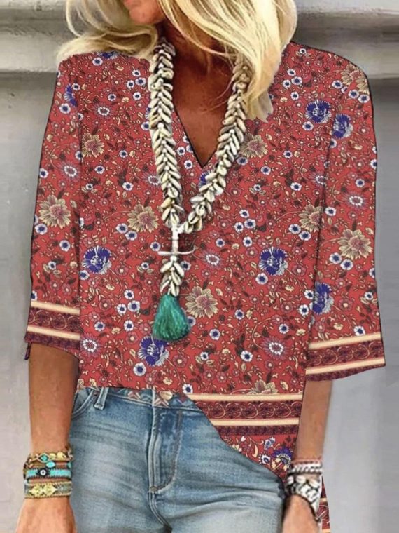 Elegant Floral Print V-Neck Top