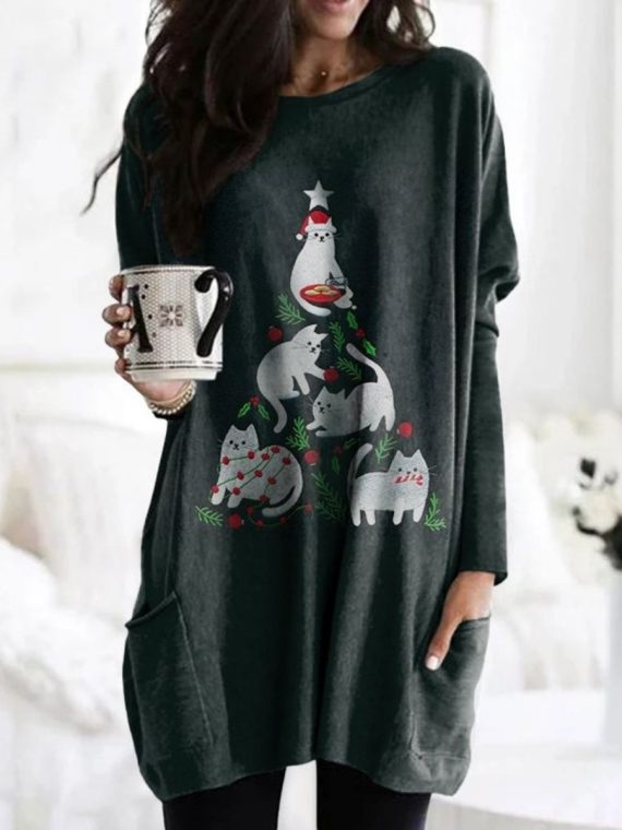 Black Casual Graphic Tops Round Neck Cat Printed Long Sleeve Sweatshirts