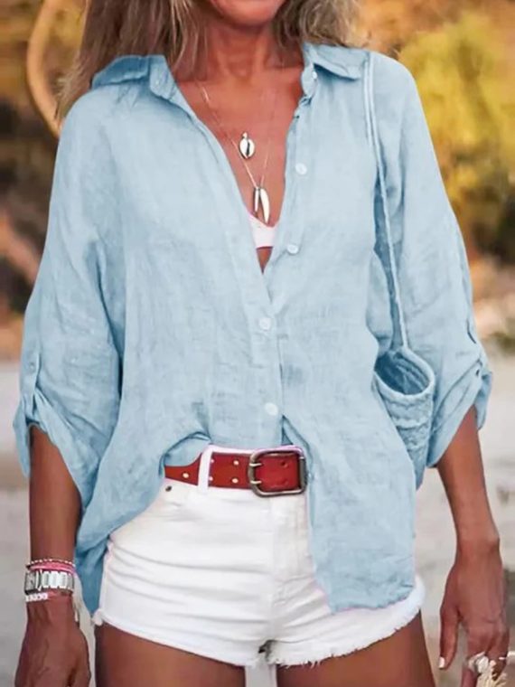 Blue Lapel Long Sleeve Plain Shirt