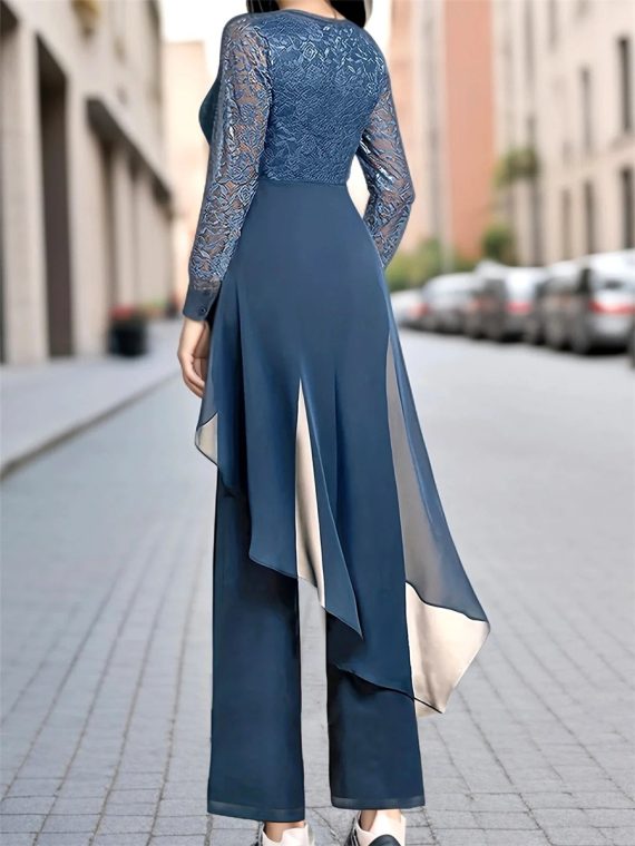 Elegant Lace Chiffon Plain V-neck Long Sleeve Two Piece Set - Image 2