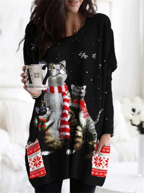 Black Casual Graphic Tops Round Neck Snowflake Cat Printed Long Sleeve Sweatshirts