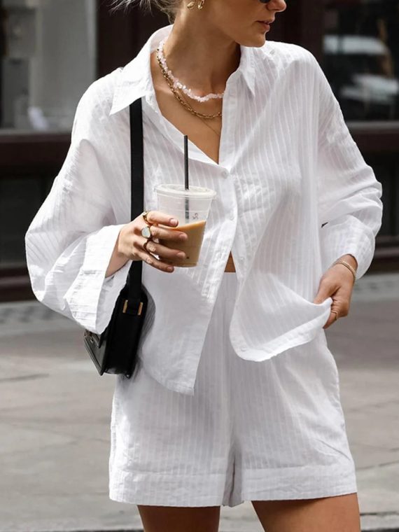 Simple Lapel Long Sleeve Plain Two Piece Set