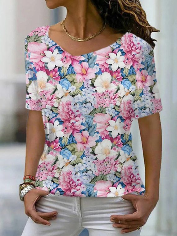 Elegant Floral Print Short Sleeve Top