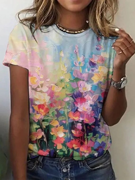 Elegant Floral Print Round Neck Short Sleeve Top