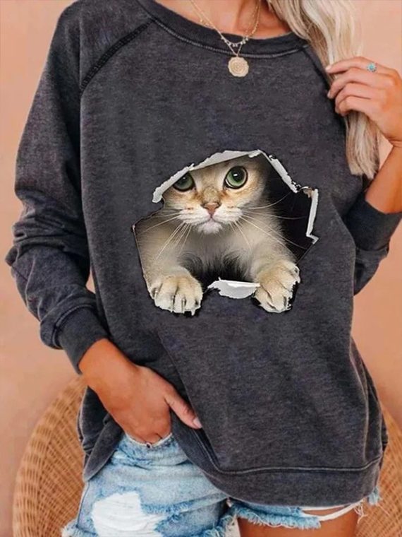 Deep Gray Casual Graphic Tops Round Neck Long Sleeve Cat Printed Sweatshirts