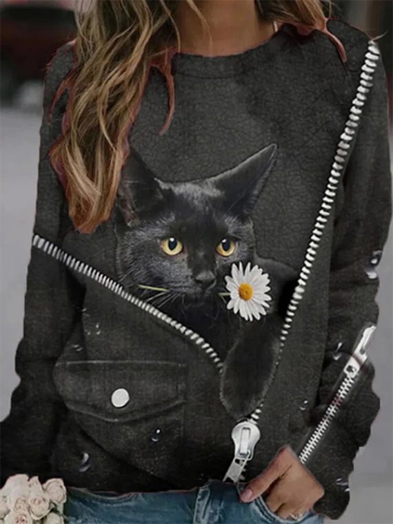 Black Casual Graphic Tops Round Neck Long Sleeve Zipper Cat Printed Sweatshirts