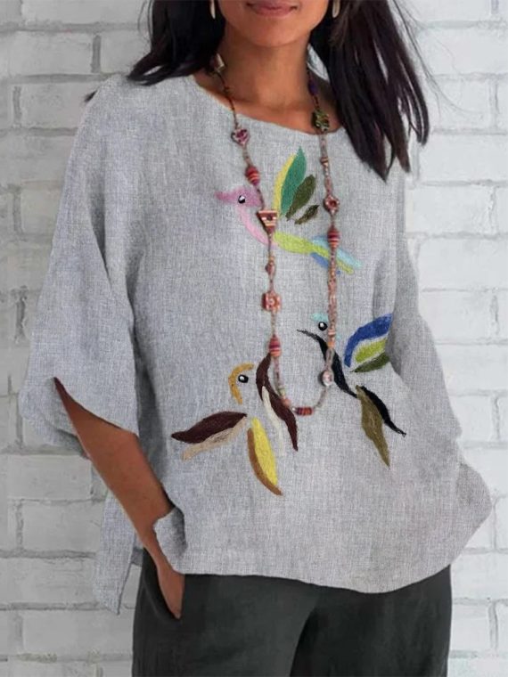 Colorful Birds Print Round Neck 3/4 Sleeve Gray Top