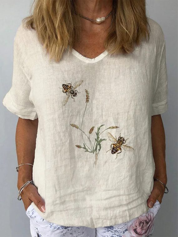 Bees Print V-neck Short Sleeve Beige Top
