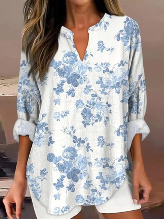 Blue V-neck Long Sleeve Floral Print Top