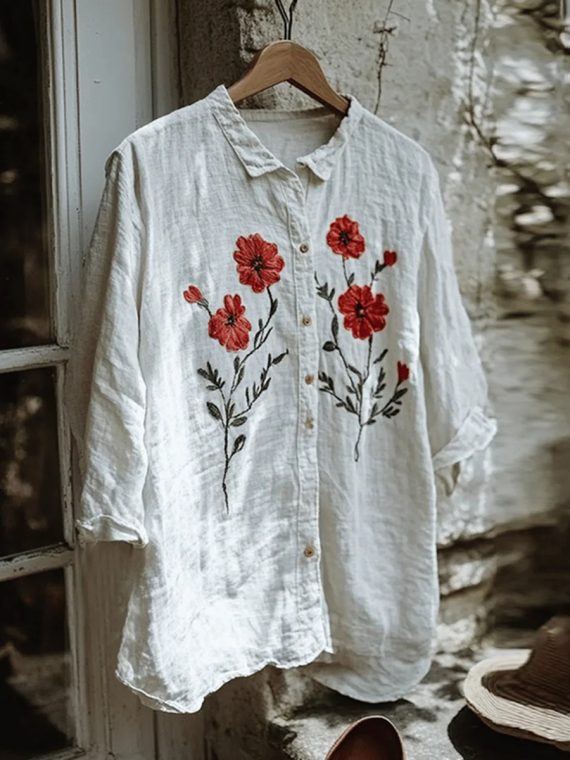 Elegant White Floral Print Lapel Short Sleeve Top