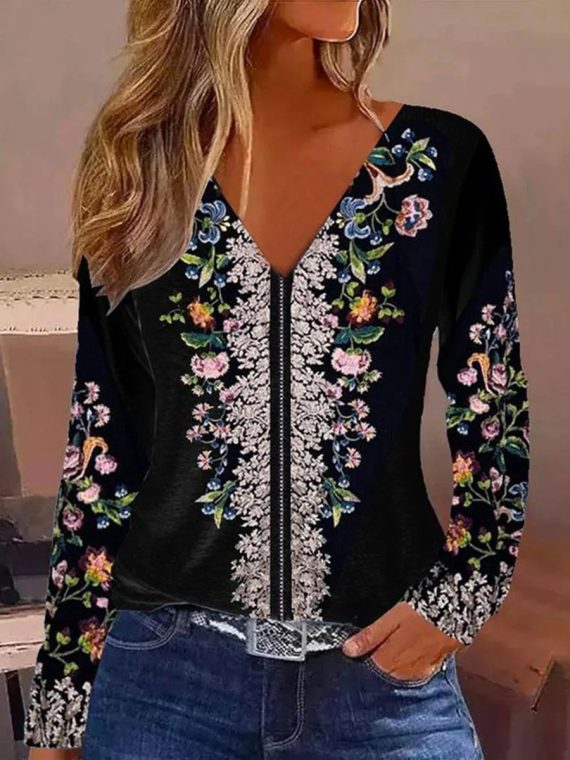 Black Floral Print V-Neck Long Sleeve Top
