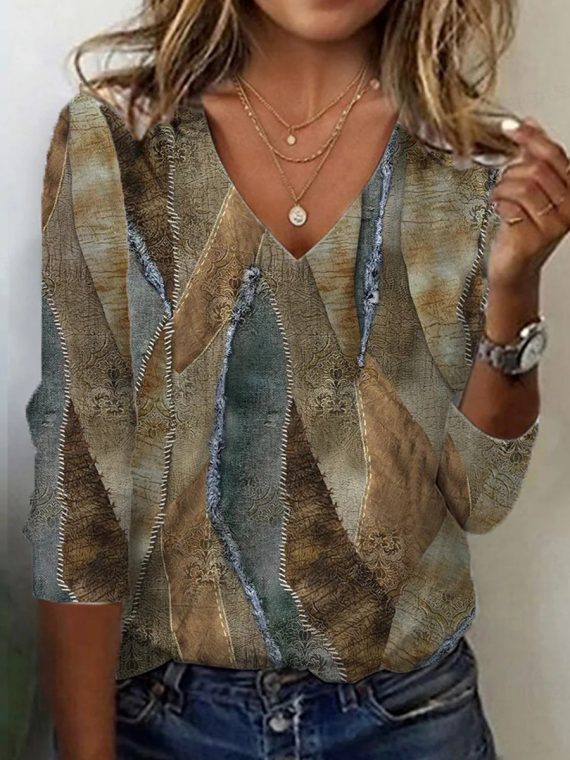 Brown Long Sleeve V-Neck Top