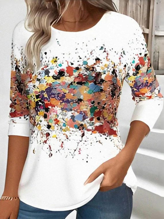 Casual Colorful Round Neck Long Sleeve T-Shirt