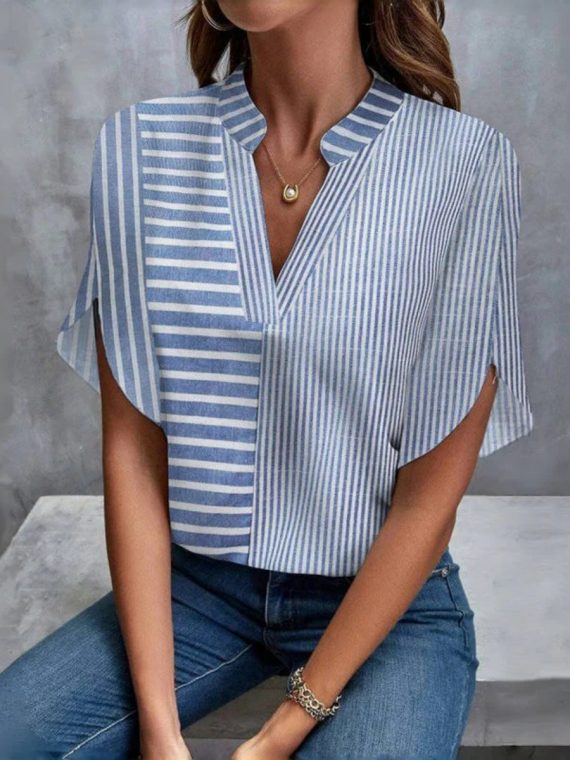 Casual Striped Print V-neck Half Sleeve Blouse