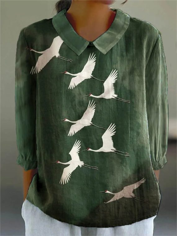 Artistic Crane Print Casual Round Neck 3/4 Sleeve Top