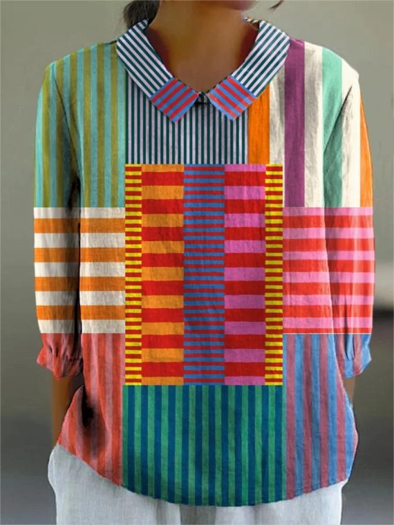 Colorful Patchwork Striped Round Neck 3/4 Sleeve Blouse