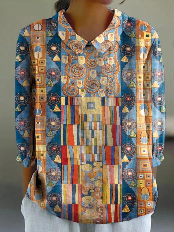 Abstract Geometric Pattern Art Print Casual Round Neck 3/4 Sleeve Shirt
