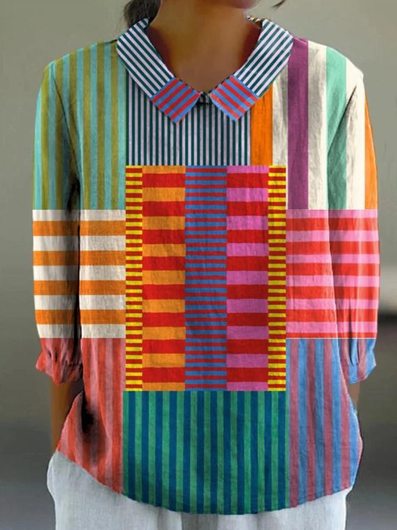 Colorful Patchwork Striped 3/4 Sleeve Blouse