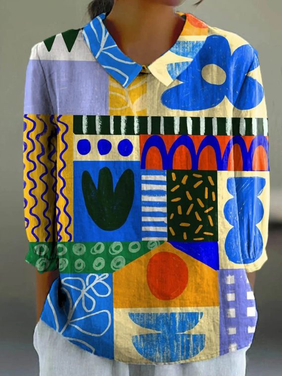 Abstract Geometric Print 3/4 Sleeve Shirt