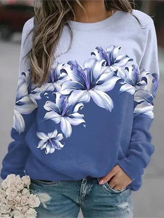 Blue Casual Graphic Tops Round Neck Floral Printed Long Sleeve Sweatshirts