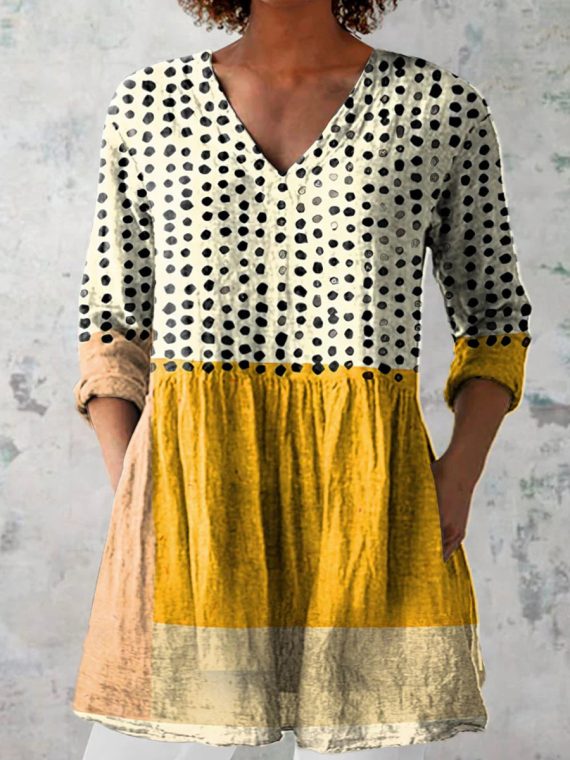 Abstract Geometric Dot Pattern Art Print Casual V-neck 3/4 Sleeve Shirt
