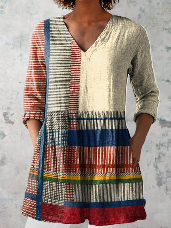 Abstract Geometric Pattern Art Print Casual V-neck 3/4 Sleeve Shirt