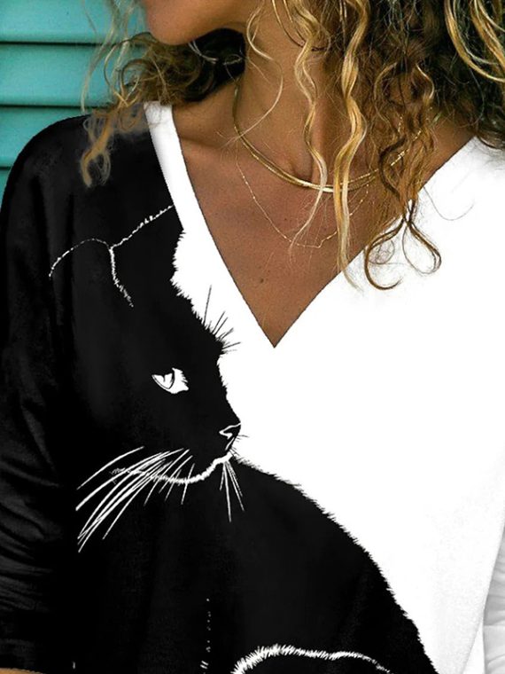 Black-white Casual Graphic Tops V-neck Long Sleeve Black Cat Printed Blouse - Image 2