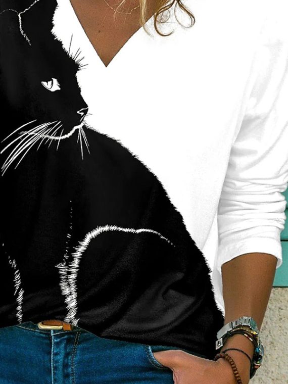 Black-white Casual Graphic Tops V-neck Long Sleeve Black Cat Printed Blouse - Image 3